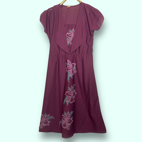 Vintage 70s Size Medium Wine Disco Dress Camisole Sheer Faux Wrap Flower Flutter - Picture 1 of 12